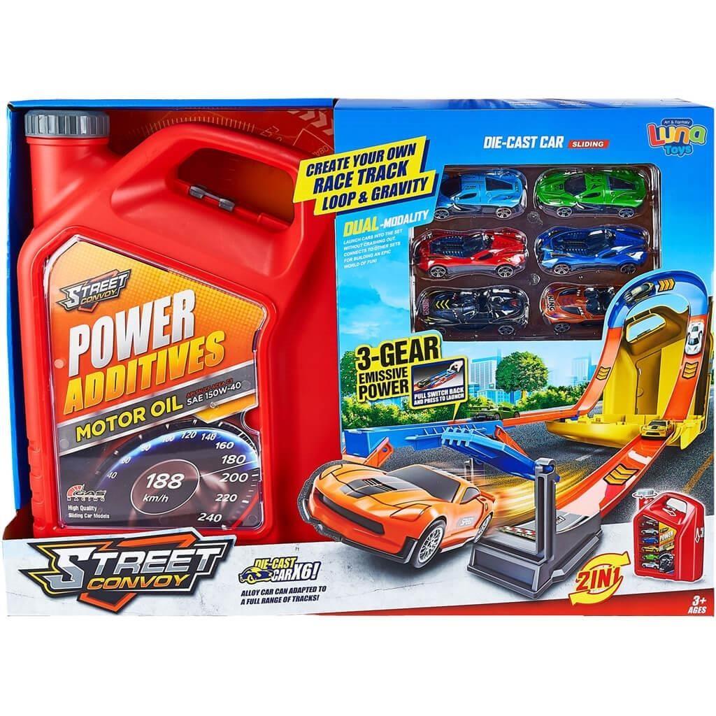 Μπετόνι Κόκκινο Luna Toys με Πίστα Εκτόξευσης και 6 Μεταλλικά Οχήματα 46,5x12x34εκ.