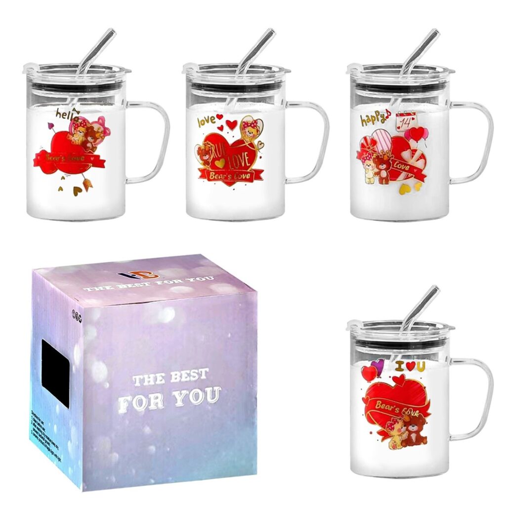 Σετ Κούπα Γυάλινη, Καλαμάκι, Καπάκι Βαλεντίνου 400 ml