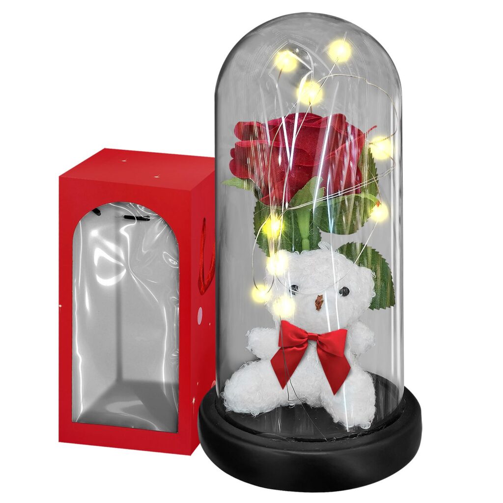 Αρκούδος με Τριαντάφυλλο σε Γυάλα με φως 22x11cm